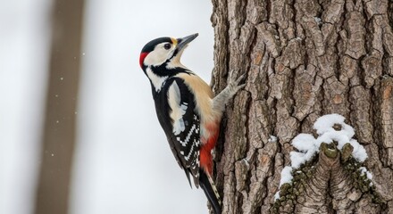 Great spotted woodpecker clinging to a tree trunk in winter, searching for food in the forest