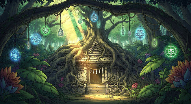 Ancient temple hidden in jungle with luminous ornaments hanging from trees and door entrance and overgrown roots and foliage in daytime and sunshine 200chars