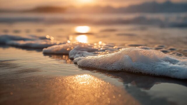 Close-up of foamy ocean wave illuminated by golden sunset reflections on wet sand