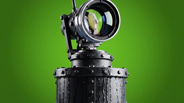 Submarine periscope emerging from water on green screen, shot of an submarine periscope on green
