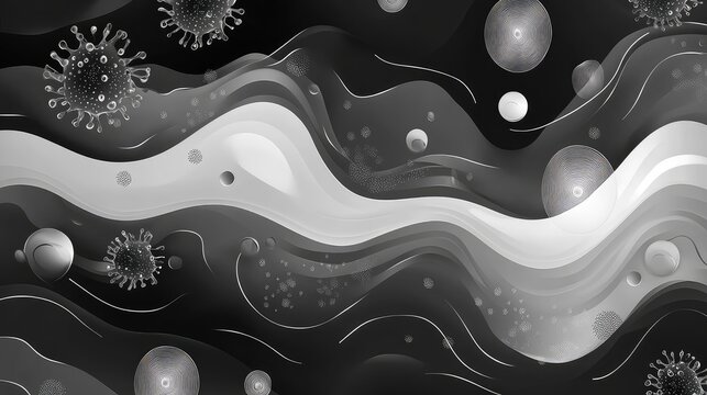 Virus cells flowing in abstract grayscale microscopic environment