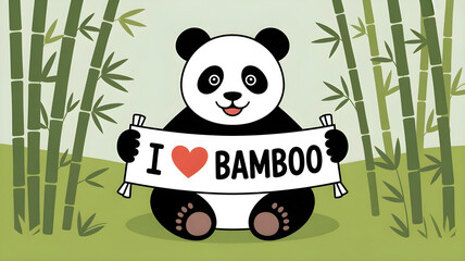 Black and white panda holding I love bamboo sign illustration