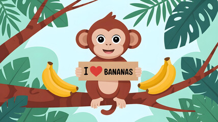 Brown monkey holding I love bananas sign in tropical jungle illustration