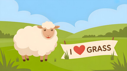 Fluffy white sheep holding I love grass sign in green pasture illustration