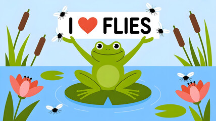 Green frog holding I love flies sign on lily pad illustration