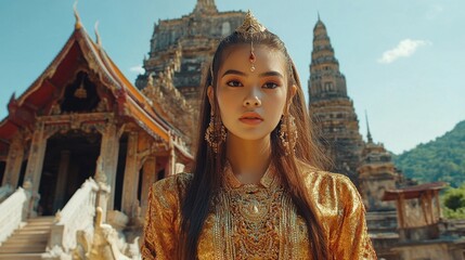 Beautiful female model in golden traditional attire with ornate jewelry near ancient temple ruins under blue sky