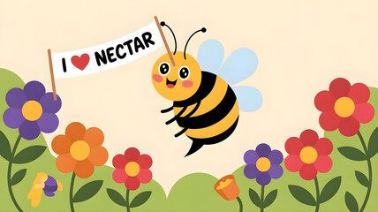 Happy bee holding I love nectar sign in flower garden illustration