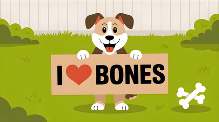 Happy white dog with brown spots holding I love bones sign illustration