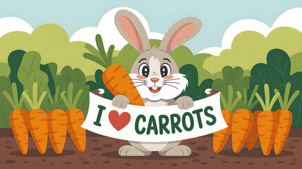 White bunny rabbit holding I love carrots sign in carrot patch illustration