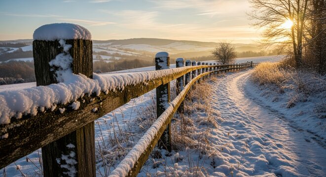 Winter fence covered in snow at sunrise with sun flare