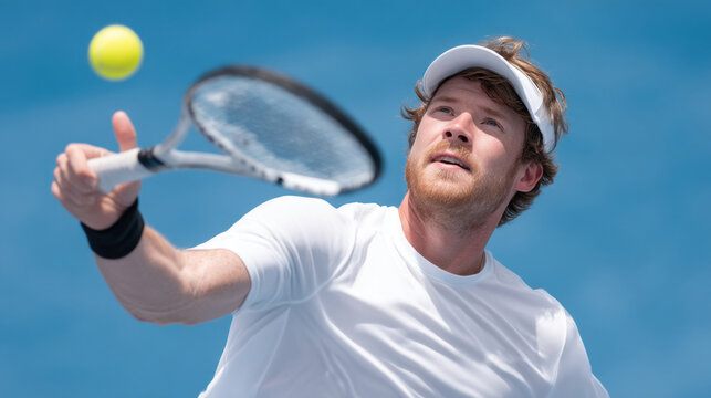A dedicated athlete leaps to catch a high volley on the tennis court, demonstrating concentration and athleticism against a clear blue sky