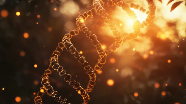 Dna helix molecule glowing golden light particles