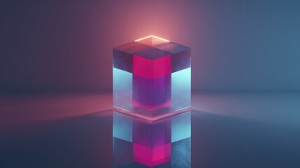 Glass cube illuminated by glowing red and blue neon light
