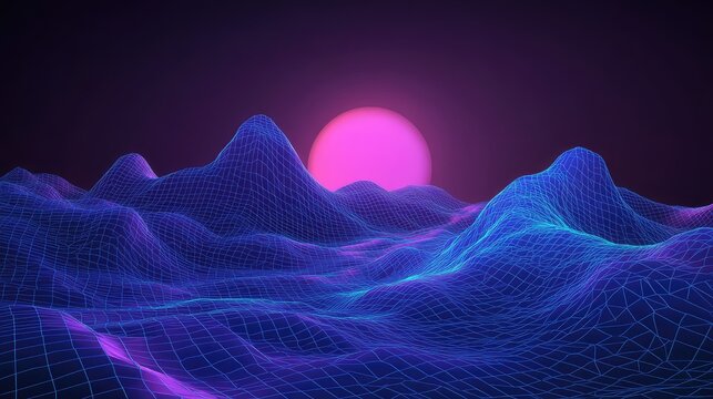 Retro neon wireframe landscape with glowing pink sun