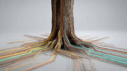 Tree trunk with luminous fiber optic roots, natural data network concept