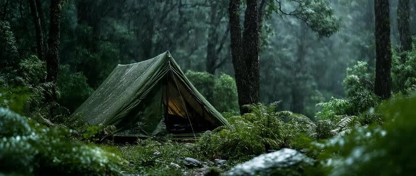 Rain on the tent in the jungle, tropical, serene, tranquil, and camping