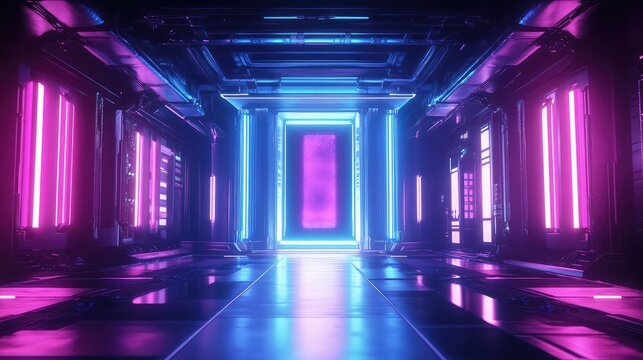 Cyberpunk neon corridor with futuristic portal light