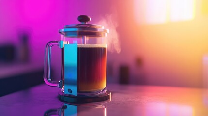 Fresh coffee brewing in french press with neon light