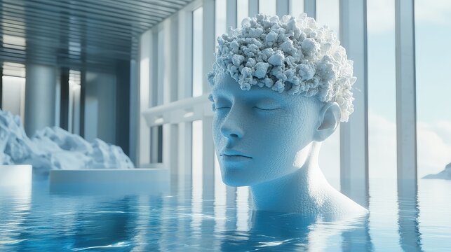 Humanoid head emerging from water in tranquil environment
