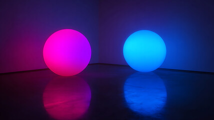 Two illuminated spheres glow with vibrant pink and blue hues, creating a surreal and modern artistic display in a minimalist setting