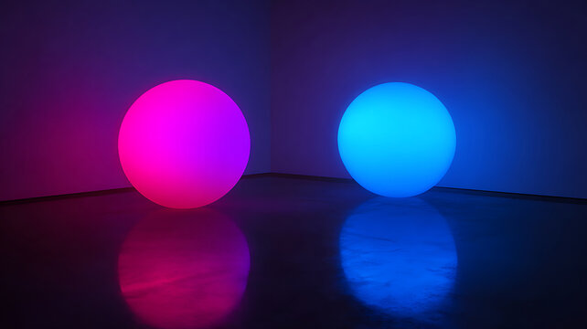 Two illuminated spheres glow with vibrant pink and blue hues, creating a surreal and modern artistic display in a minimalist setting
