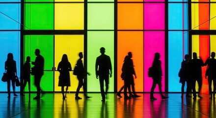 Silhouettes of people walking against a vibrant multicolored glass wall
