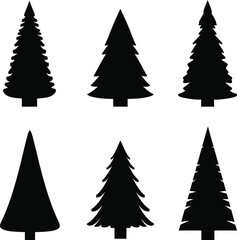 Obraz premium Collection of six stylized black silhouette christmas trees on a white background
