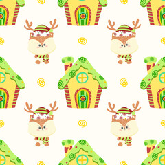 Cute Christmas Reindeer and Gingerbread House Seamless Pattern | Holiday Kids Cartoon Background