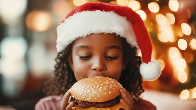 Little girl in Santa hat eating hamburger against background of Christmas lights. - Powered by Adobe
