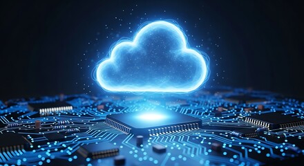 Cloud Computing Technology Concept with Glowing Cloud Over Circuit Board