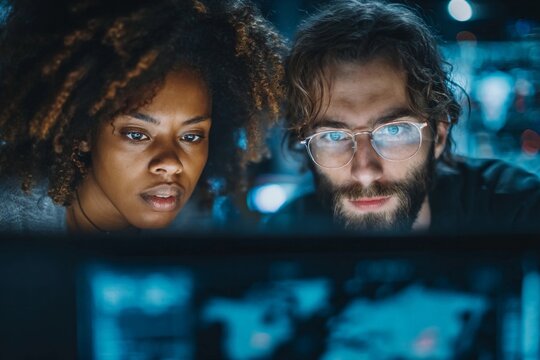 Colleagues collaborating on a project in a modern office setup during evening hours Generative AI