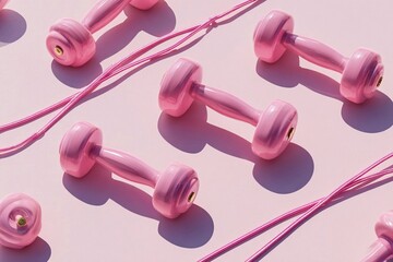 Dumbbells and resistance bands arranged on soft pastel background Generative AI