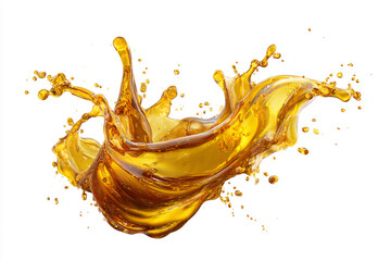 Dynamic golden liquid splash with glistening droplets against a pure white background showing fluid motion