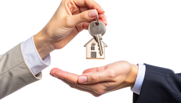 Real Estate Agent Handing Over House Keys to New Homeowner, Isolated on Transparent Background PNG