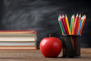 Colorful pencils an apple and books on a wooden surface