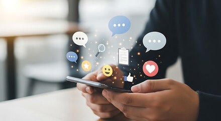 Person using smartphone with social media and communication icons flowing above