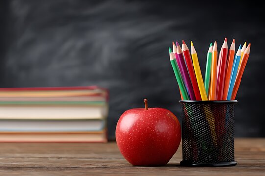 Colorful pencils an apple and books on a wooden surface