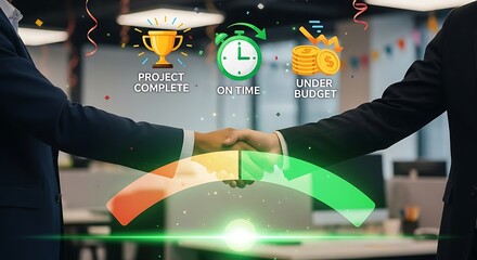 Successful project completion represented by handshake time budget and achievement icons