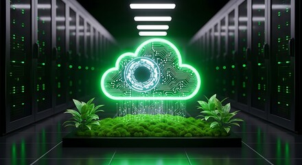 Sustainable cloud computing futuristic concept with server racks and vegetation