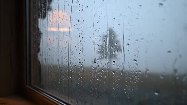 Cozy Log Cabin Interior with Raindrops on Window and Foggy Tree View.