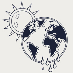 Global warming concept with melting earth and sun isolated on