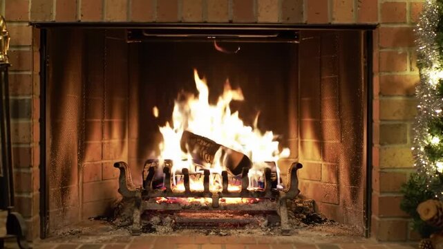A cozy scene inside a brick fireplace, featuring burning logs with bright flames, casting warm light on the surrounding brick wall