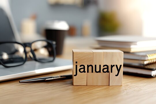 January planning setup with books glasses and a coffee cup on a desk
