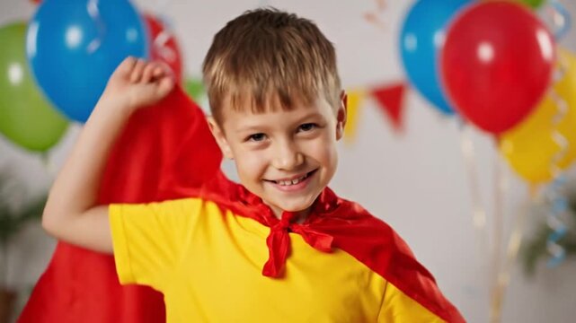 A smiling young boy in a yellow shirt and red superhero cape celebrates a party - Powered by Adobe