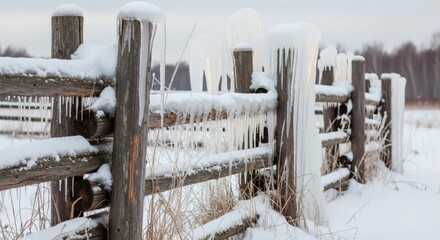 Snow covered wooden fence with icicles in winter landscape on a cold day in the countryside