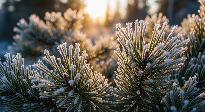Close up of pine needles covered in frost with the sun shining through