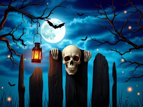 Eerie halloween scene with skull emerging from graveyard under full moon and bats white background