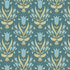 Elegant blue floral pattern with gold leaves and teal tulips in a refined vintage botanical style