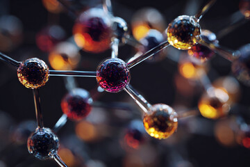 Close-up of an abstract molecular model featuring glowing colorful spheres connected by transparent bonds against a dark background symbolizing discovery and innovation