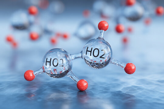 Two HO2 molecules linked with red atomic spheres in a dynamic abstract blue liquid environment